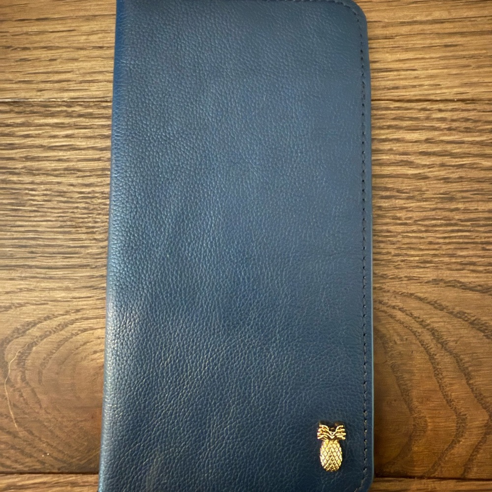 Blue Leather Travel Document Wallet with Gold Pineapple Detail